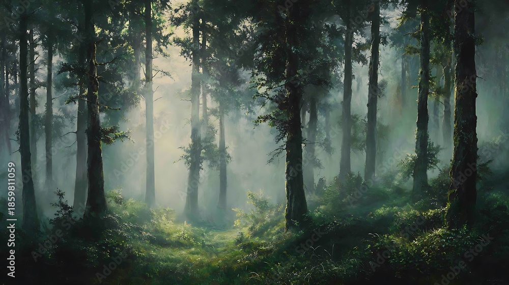 Obraz premium A painting depicts a misty forest, with tall trees and dappled sunlight