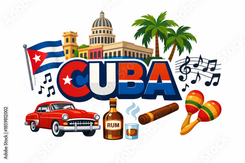 Cuba culture vector illustration with Havana architecture vintage car music and tropical symbols
