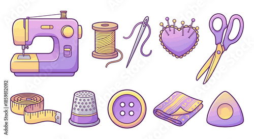 Sewing machine and accessories arranged on a white background showcasing various tools for crafting and tailoring