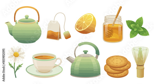 Tea time setup with tea pot, cup, honey, and cookies on a table