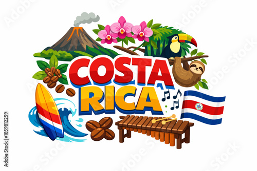 Costa Rica culture vector illustration with volcano rainforest coffee music and national symbols