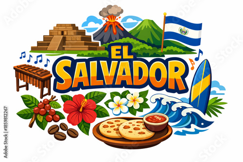 El Salvador culture vector illustration with Mayan ruins volcano cuisine and traditional symbols