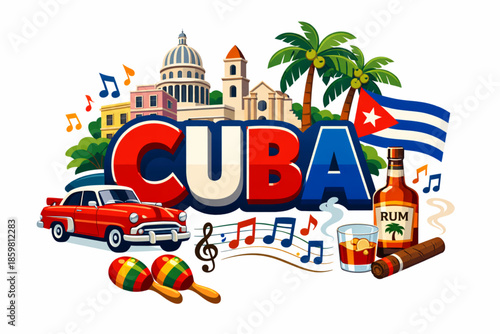 Cuba culture vector illustration with Havana architecture vintage car music and tropical symbols