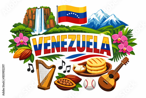 Venezuela culture vector illustration with Angel Falls Andes rainforest cuisine and national symbols