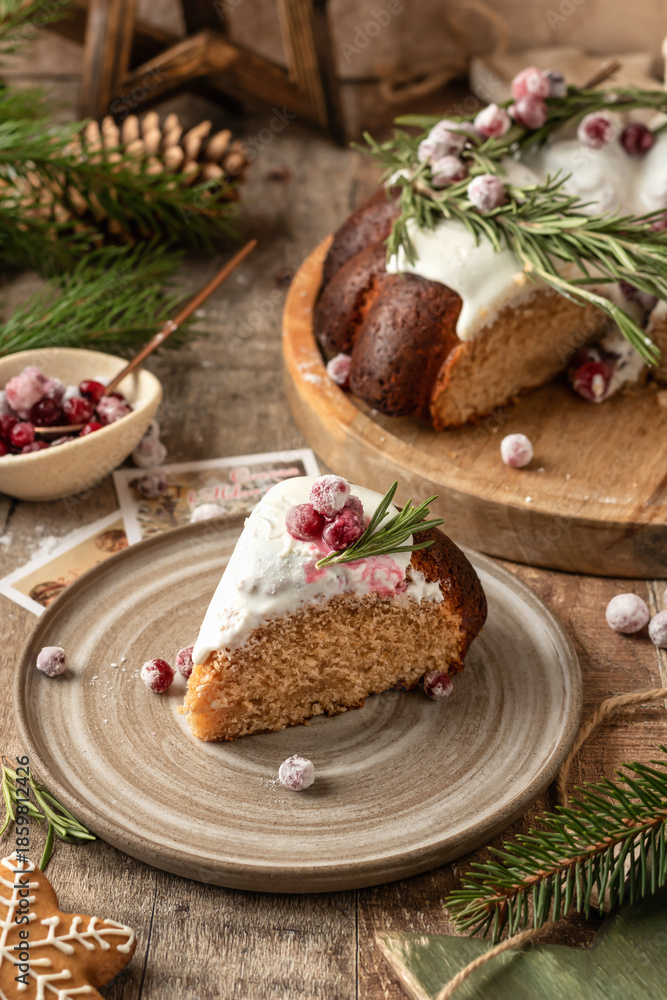 custom made wallpaper toronto digitalA piece of Christmas gingerbread cake with white sugar glaze decorated with cranberries on a plate, wooden festive rustic decorated background