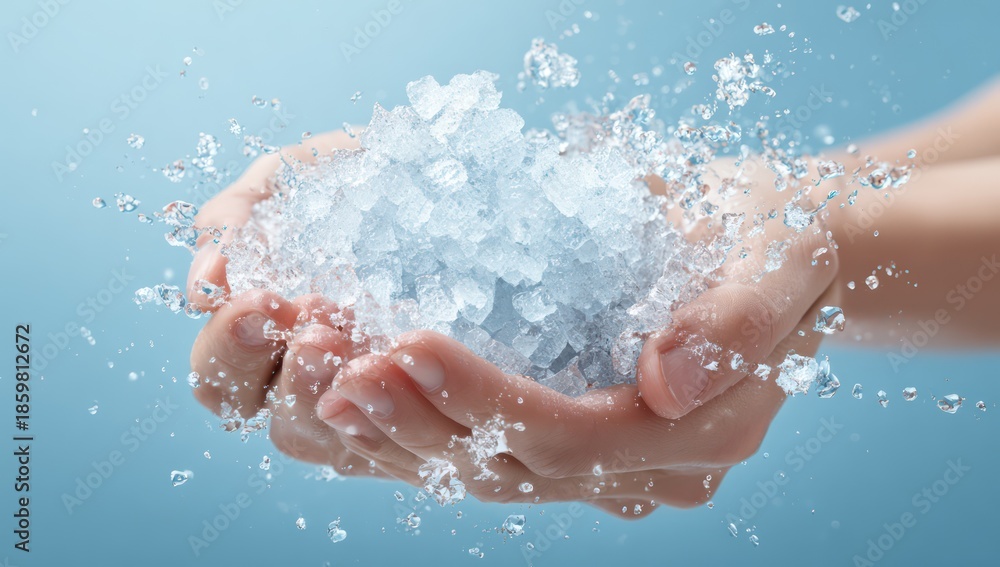 Fototapeta premium Ice cubes splash in hands Blue background.