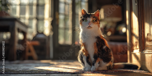 Adorable Calico Cat Relaxing on Table in Bright Sunny Living Room During Golden Hour