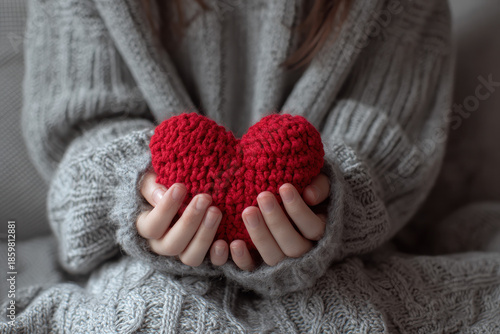 Cozy Home Portrait of a Woman in a Grey Sweater Holding a Red Knitted Heart, Celebrating Love for Valentine's Day