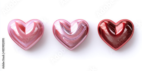 Charming Set of 4 Glossy Pink and Red Hearts Adorned for Valentine's Day on a Pure White Background