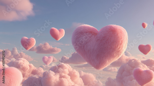 Pink Heart-Shaped Clouds in Soft Pastels Creating a Romantic Valentine's Day Sky Background with Copy Space