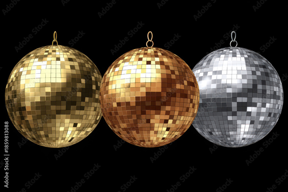 Obraz premium Elegant Golden and Silver 3D Disco Balls on Black Background, Perfect for Party Invitations and Event Promotions