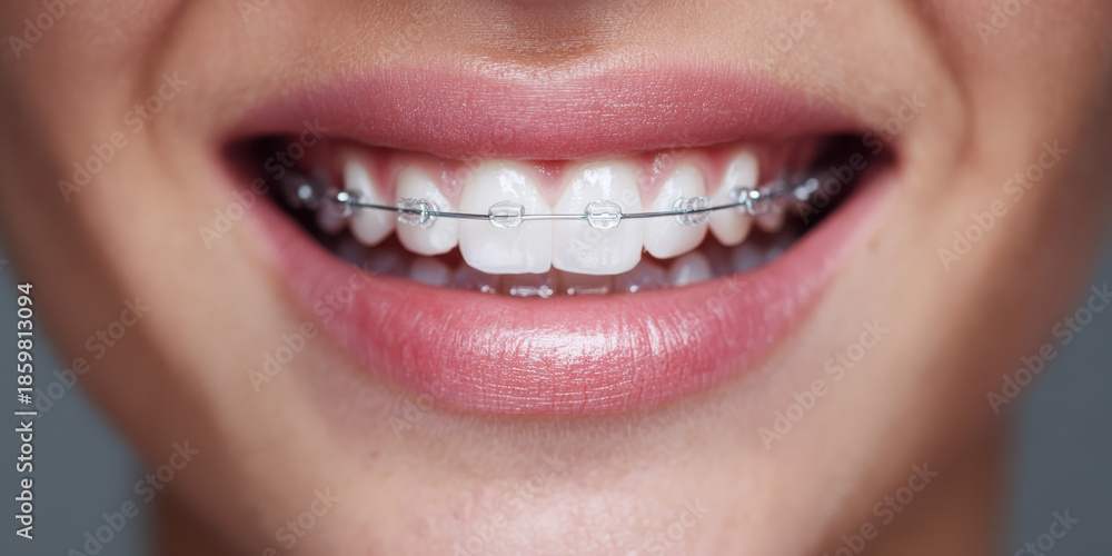Obraz premium Radiant Smile: Close-Up of Young Woman with Braces Showcasing Confidence and Dental Health