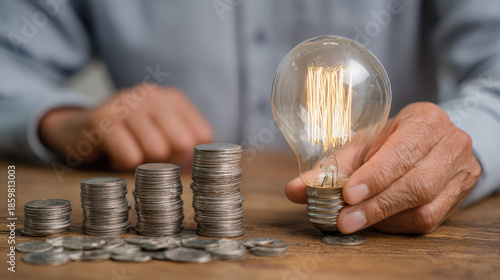 Businessman Contemplating Energy Savings with Light Bulb and Coins on Table - Ideal for Financial Planning Visuals
