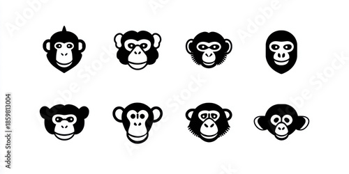 Minimalist Black and White Monkey Face Icons for Modern Design and Branding Projects