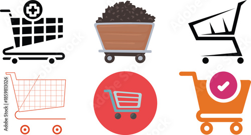 Shopping Cart Icon Set with Medical Basket and Mining Trolley Vector Illustration