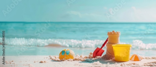 Wallpaper Mural Panoramic view of a beach landscape with playful sand toys and a towering sand structure, capturing the joy of a beach day. Torontodigital.ca