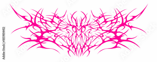 Symmetrical abstract tribal thorn ornament in hot pink with sharp gothic lines, designed for streetwear prints, edgy fashion branding, music logos, and modern poster graphics