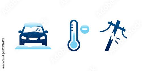 Winter Weather Icons: A set of informative icons depicting winter weather conditions, including a snow-covered vehicle, a cold temperature indicator, and a damaged power line.