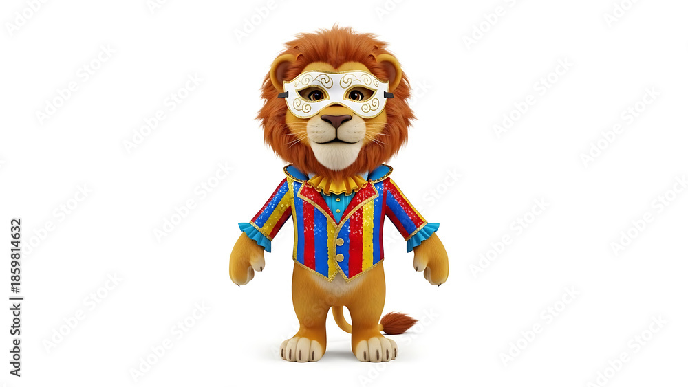 Obraz premium A charming cartoon lion dressed in an elegant costume, wearing a mask and colorful outfit. The lion has a friendly expression and is full of character isolated on white background.generative ai