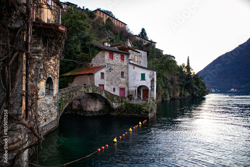 View of the stone bridge of Nesso village on Lake Como