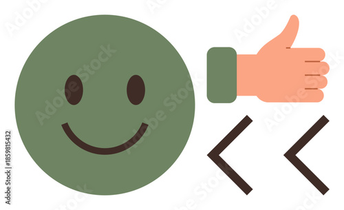 Green happy face paired with thumbs-up hand gesture and brackets. Ideal for positivity, feedback, success, motivation, simplicity, user experience, and ratings. A simple flat metaphor