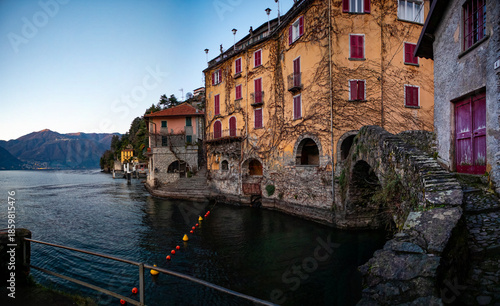 View of the stone bridge of Nesso village on Lake Como