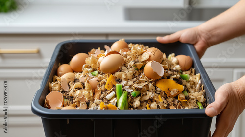 Person holding compost bin full of organic kitchen waste. Close up of eggshells and vegetable scraps for recycling. Sustainability and zero waste lifestyle