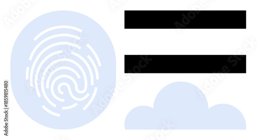 Fingerprint, cloud, and black data bars convey data access, identity verification, cloud storage, and privacy. Ideal for cybersecurity, authentication, data protection cloud computing technology