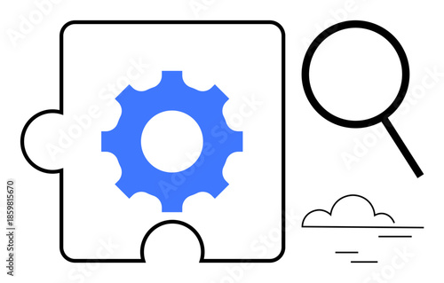 Blue gear within a puzzle piece, magnifying glass symbolizing analysis, clouds denoting abstract thinking. Ideal for problem-solving, innovation, teamwork, optimization, strategy, discovery