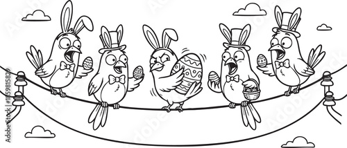 funny bird on a wire, bird, food, rose, xmas, flower, seamless, fairy tale, fantasy, art, winter, fairytale, outline, pattern, children, cat, nature, animal, coloring book, sketch, drawing, vector, il