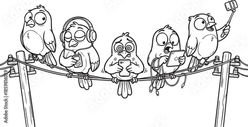 funny bird on a wire, bird, food, rose, xmas, flower, seamless, fairy tale, fantasy, art, winter, fairytale, outline, pattern, children, cat, nature, animal, coloring book, sketch, drawing, vector, il
