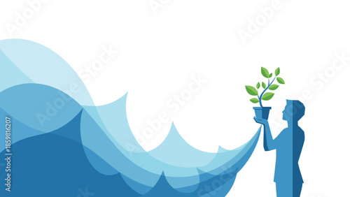 Abstract illustration of a person holding a plant surrounded by waves  