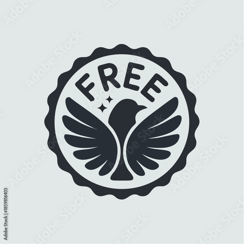 free in flight; wings spread within a scalloped seal, where stars shimmer and bold letters rise