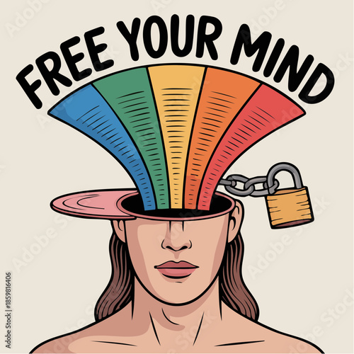 free your mind; color bursts from open thought, breaking chains with radiant mental liberation