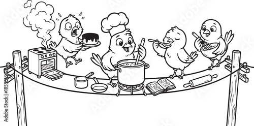 funny bird on a wire, bird, food, rose, xmas, flower, seamless, fairy tale, fantasy, art, winter, fairytale, outline, pattern, children, cat, nature, animal, coloring book, sketch, drawing, vector, il