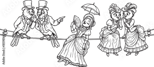 funny bird on a wire, bird, food, rose, xmas, flower, seamless, fairy tale, fantasy, art, winter, fairytale, outline, pattern, children, cat, nature, animal, coloring book, sketch, drawing, vector, il