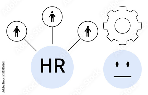 Recruitment, management, teamwork, efficiency, organizational structure, employee relations. Diagram of HR connections with gear and neutral face. Recruitment and management concept