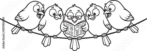 funny bird on a wire, bird, food, rose, xmas, flower, seamless, fairy tale, fantasy, art, winter, fairytale, outline, pattern, children, cat, nature, animal, coloring book, sketch, drawing, vector, il