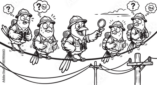 funny bird on a wire, bird, food, rose, xmas, flower, seamless, fairy tale, fantasy, art, winter, fairytale, outline, pattern, children, cat, nature, animal, coloring book, sketch, drawing, vector, il