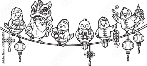 funny bird on a wire, bird, food, rose, xmas, flower, seamless, fairy tale, fantasy, art, winter, fairytale, outline, pattern, children, cat, nature, animal, coloring book, sketch, drawing, vector, il