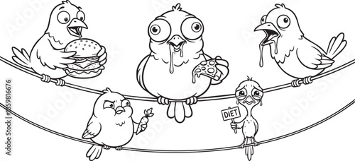 funny bird on a wire, bird, food, rose, xmas, flower, seamless, fairy tale, fantasy, art, winter, fairytale, outline, pattern, children, cat, nature, animal, coloring book, sketch, drawing, vector, il