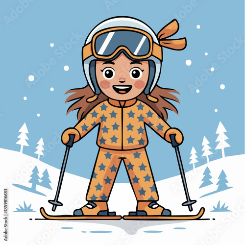 snowflakes, stars, and slopes; orange skier glides through pine-dotted powder in cartoon motion