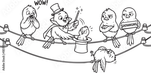 funny bird on a wire, bird, food, rose, xmas, flower, seamless, fairy tale, fantasy, art, winter, fairytale, outline, pattern, children, cat, nature, animal, coloring book, sketch, drawing, vector, il