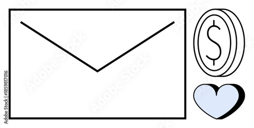 Fundraising, donations, charity, financial aid, philanthropy, support. Minimalist envelope, coin with dollar sign and heart design. Donations and charity concept with symbolic visuals