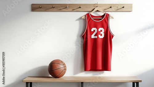 A red basketball jersey with the number 23 hangs on a wooden hanger above a light brown wooden bench with a basketball