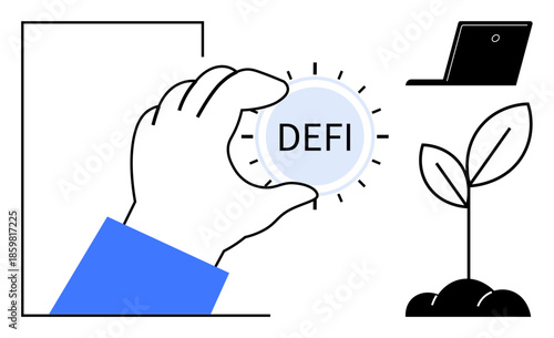 Financial innovation, blockchain, eco-friendly investment, cryptocurrency, digital economy, technological growth. A hand holding a DEFI coin, a sprouting plant and a laptop. Financial innovation