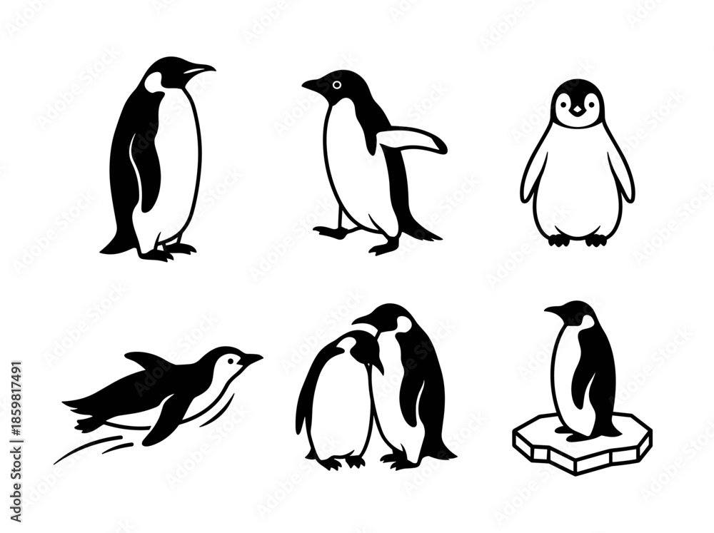 Obraz premium Vector Illustrations of Penguins in Various Natural Behaviors