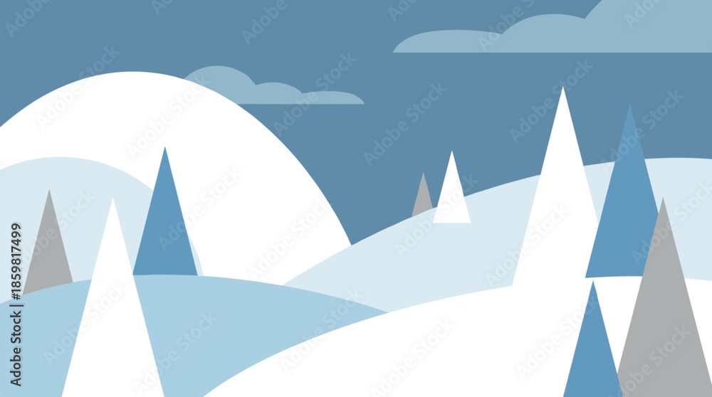 Naklejka premium Minimalist Winter Landscape with Snowy Hills and Blue Sky