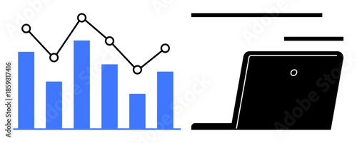 Data analysis, business strategy, technology solutions, remote work, digital tools, productivity enhancement. Blue bar graph with trend line and laptop icon. Data analysis and business strategy