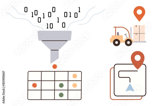 Binary code flows into a funnel creating organized data. Includes forklift with package, delivery route map, pinpoint icons. Ideal for logistics, data processing, organization, warehouse management